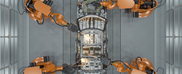 Assembly line of robots welding car body; 汽車組裝; 汽車生產線